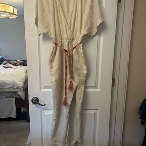 Anthropologie Cream Jumpsuit with Red Accents and fine pinstripes with pockets